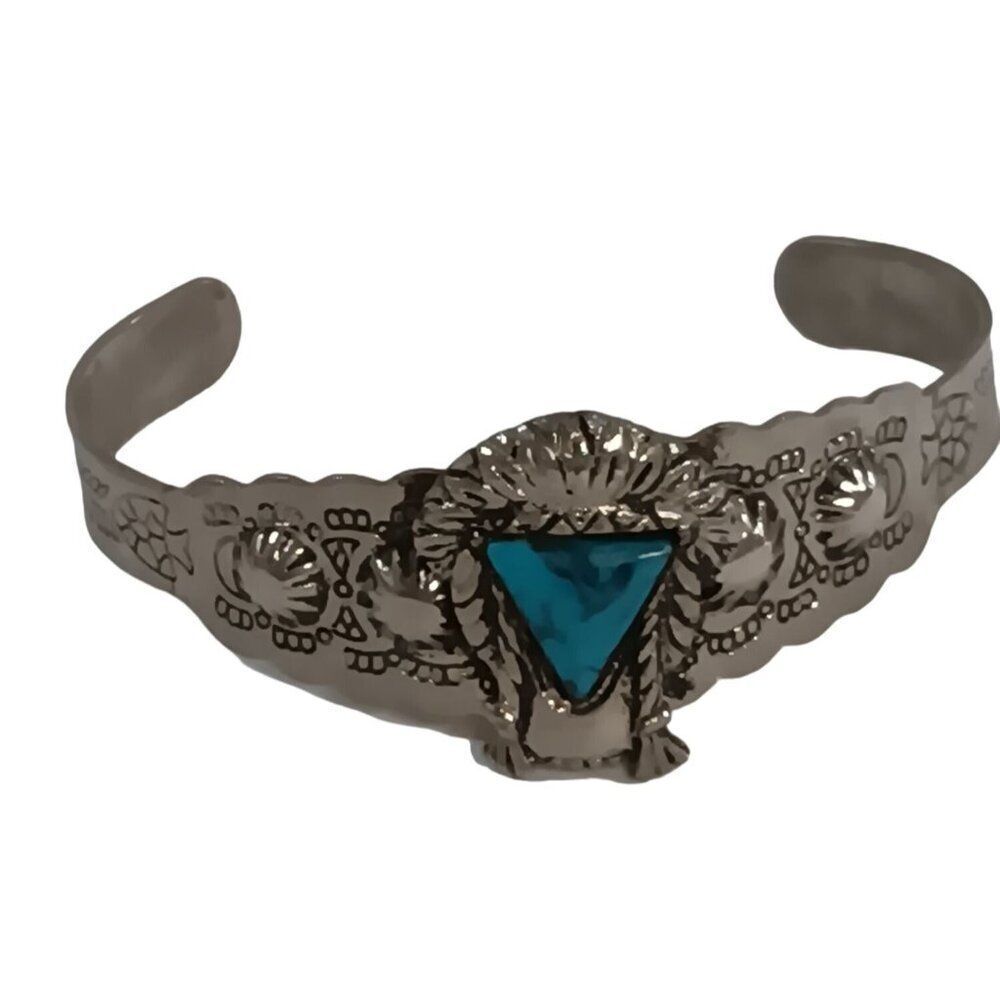 Vintage Navajo War Bonnet Cuff Coin Silver Faux Turquoise Bracelet c1949 Estate
